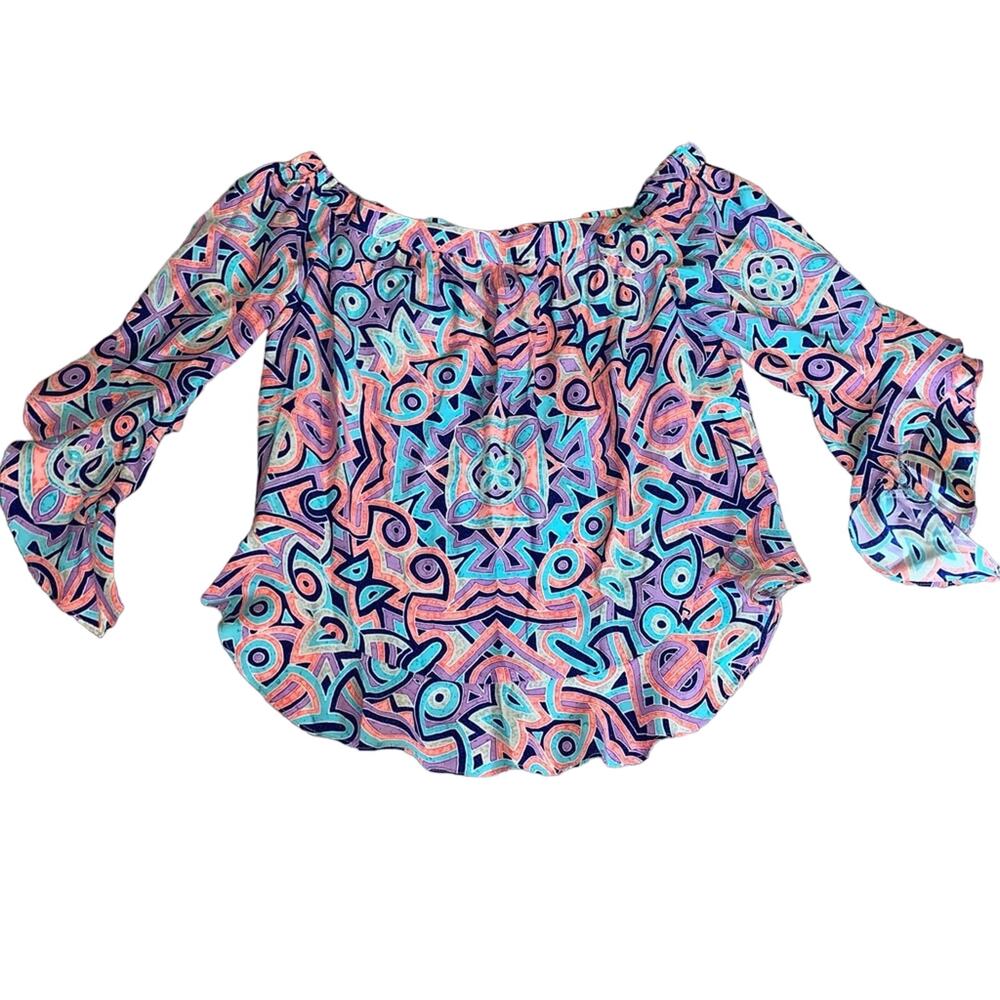 Alice & Trixie Pink Purple Blue Off-The-Shoulder Preppy Silk Blouse Medium